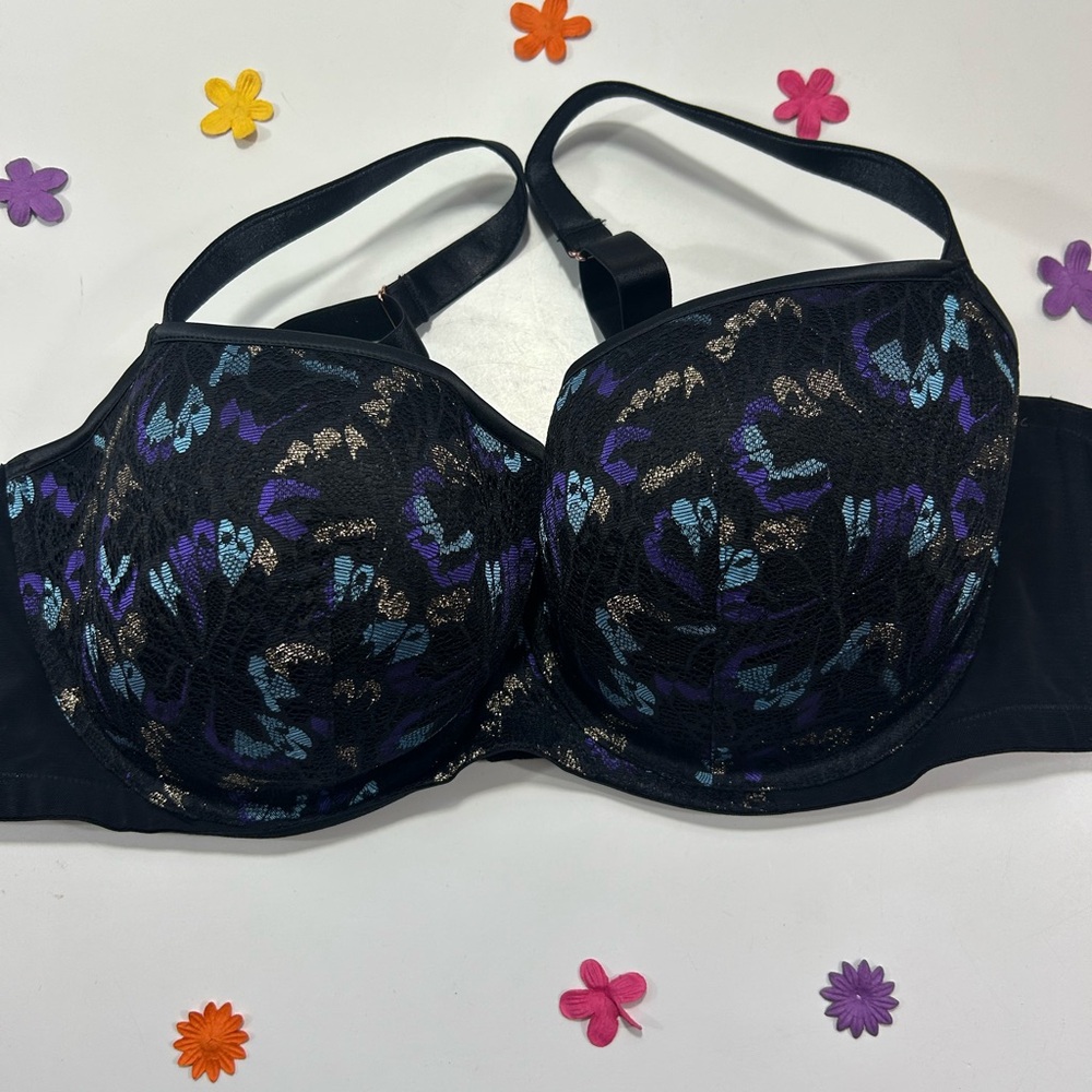 CCO Savage X Fenty Black and Purple Butterfly Floral Balconette Bra 42DD NWT